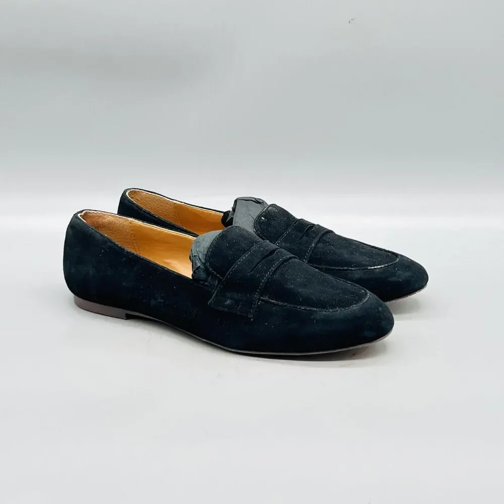 J Crew Shoes Womens 5.5 Black Suede Penny Loafer Flats Almond Toe Slip On Casual